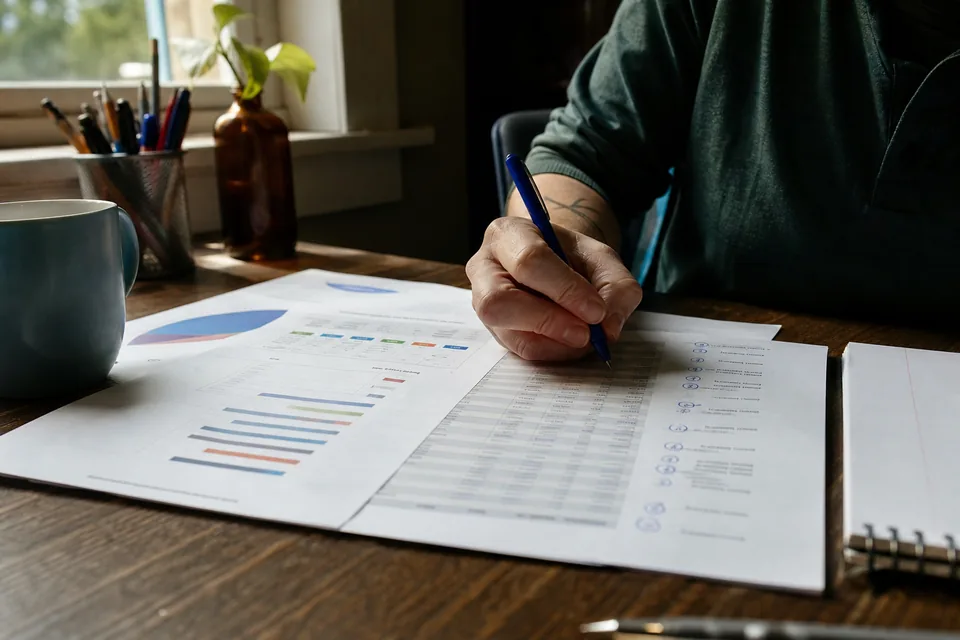 Close detail of a printed website audit page on a desk with handwritten priority numbers in the margin and a blue pen resting on it
