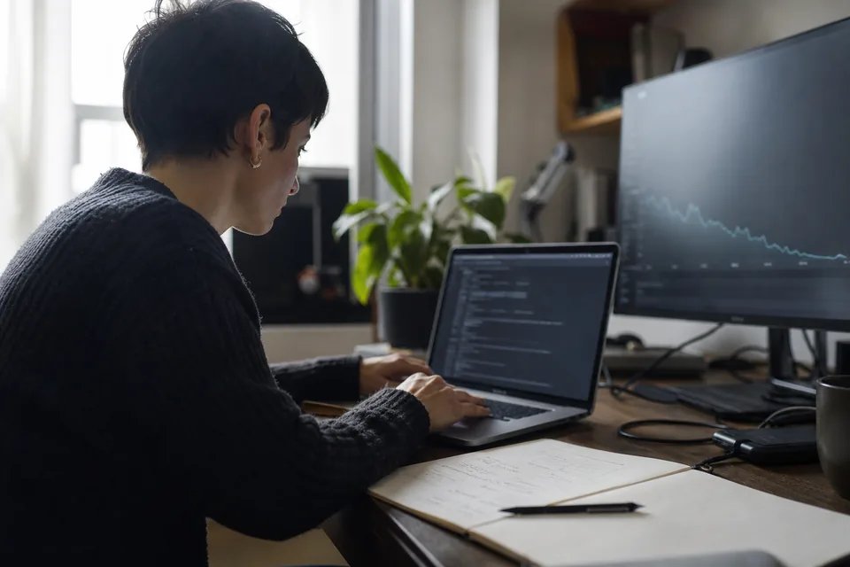 A developer's desk by a window with a laptop showing a dark terminal and a monitor with a soft line chart, cables and a notebook